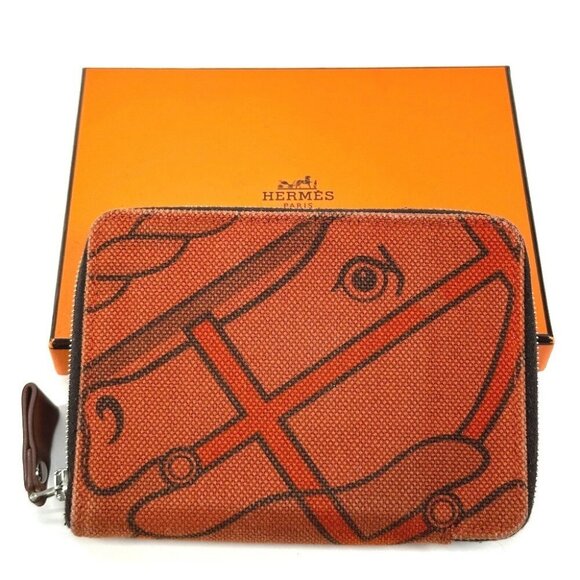 HERMES Horse Steeple PM Compact Wallet Zip Around Folded wallet Canvas Orange - Picture 1 of 12